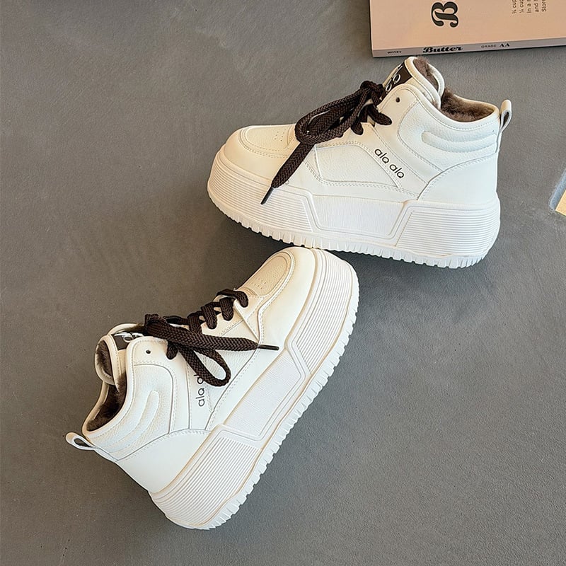 Ženske visoko-top tenisice za svakodnevnu upotrebu, gornji dio od split kože, debela platforma, prednje vezanje, umjetna pliš podstava zimi