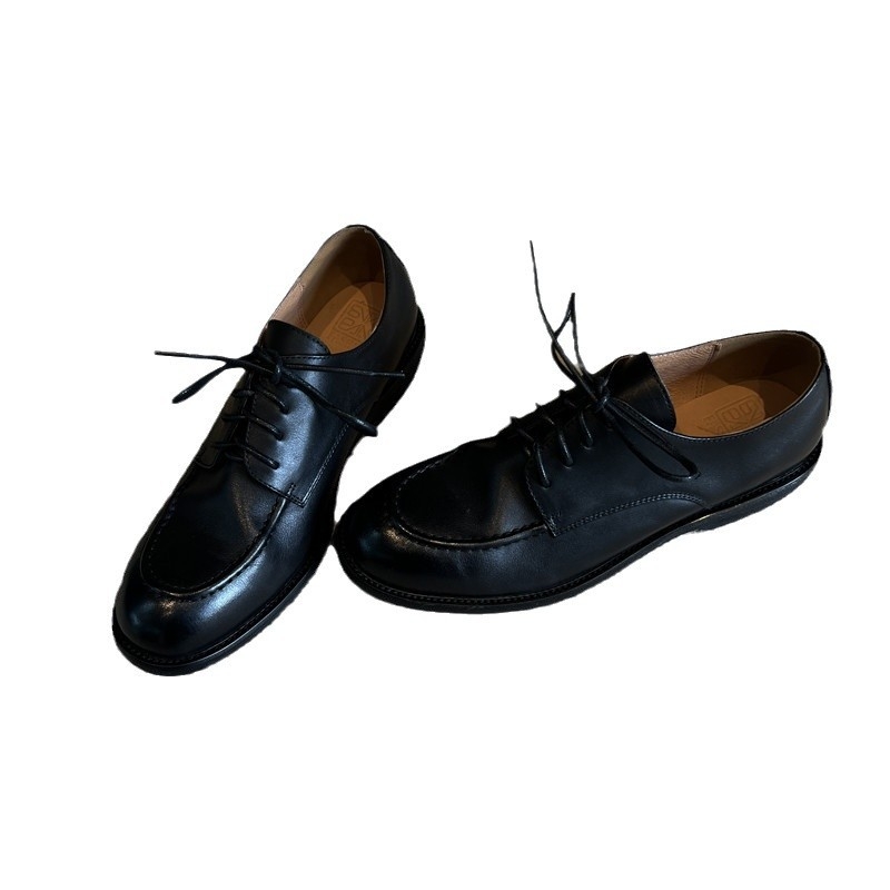 Damske kožne loaferice s dvostrukom kožom na gornjem dijelu, prednje vezanje, okrugli vrh, debeli pet 3-5 cm, gumeni potplat