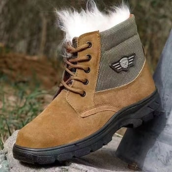 Ghete de iarnă din piele naturală, căptușite cu lână, talpă din cauciuc antiderapant, vârf rotund