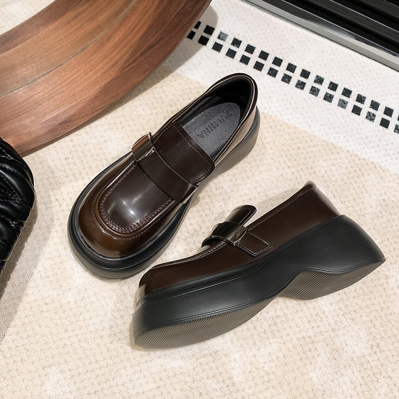 Ženske kožne loaferice s debelim potplatom, zaobljeni vrh, Velcro zatvarač, korejski stil, peta 6–8 cm