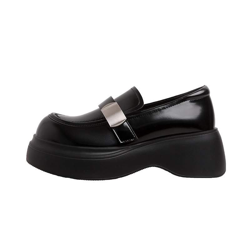 Ženske kožne loaferice s debelim potplatom, zaobljeni vrh, Velcro zatvarač, korejski stil, peta 6–8 cm