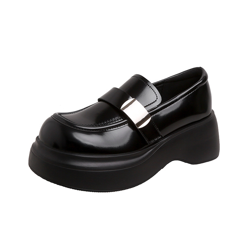 Ženske kožne loaferice s debelim potplatom, zaobljeni vrh, Velcro zatvarač, korejski stil, peta 6–8 cm