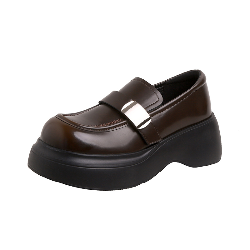 Ženske kožne loaferice s debelim potplatom, zaobljeni vrh, Velcro zatvarač, korejski stil, peta 6–8 cm
