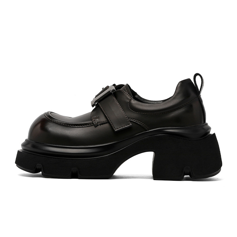 Ženske kožne loafer platforme s okruglom špicom, dvostruko kožni gornji dio, Velcro zatvarač, 6–8 cm visina platforme, latex ulošak