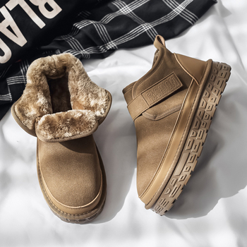 Muške zimske čizme za snijeg s plišastom unutrašnjošću, vrh od sintetičke kože, protuklizna gumena potplata, Velcro zatvarač, niski pet 1–3 cm