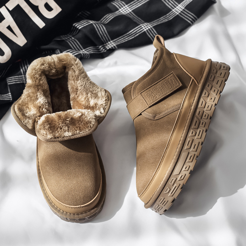 Muške zimske čizme za snijeg s plišastom unutrašnjošću, vrh od sintetičke kože, protuklizna gumena potplata, Velcro zatvarač, niski pet 1–3 cm