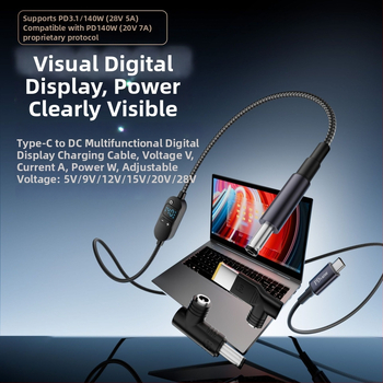 DC na Type-C kabel za prijenosno računalo s digitalnim zaslonom, prilagodljivo napajanje, 140W PD, pleteni kabel