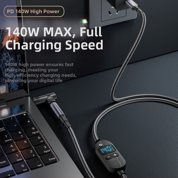 DC na Type-C kabel za prijenosno računalo s digitalnim zaslonom, prilagodljivo napajanje, 140W PD, pleteni kabel