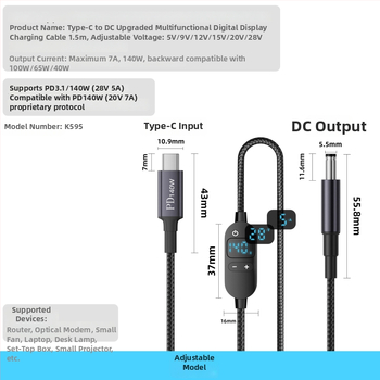 DC na Type-C kabel za prijenosno računalo s digitalnim zaslonom, prilagodljivo napajanje, 140W PD, pleteni kabel