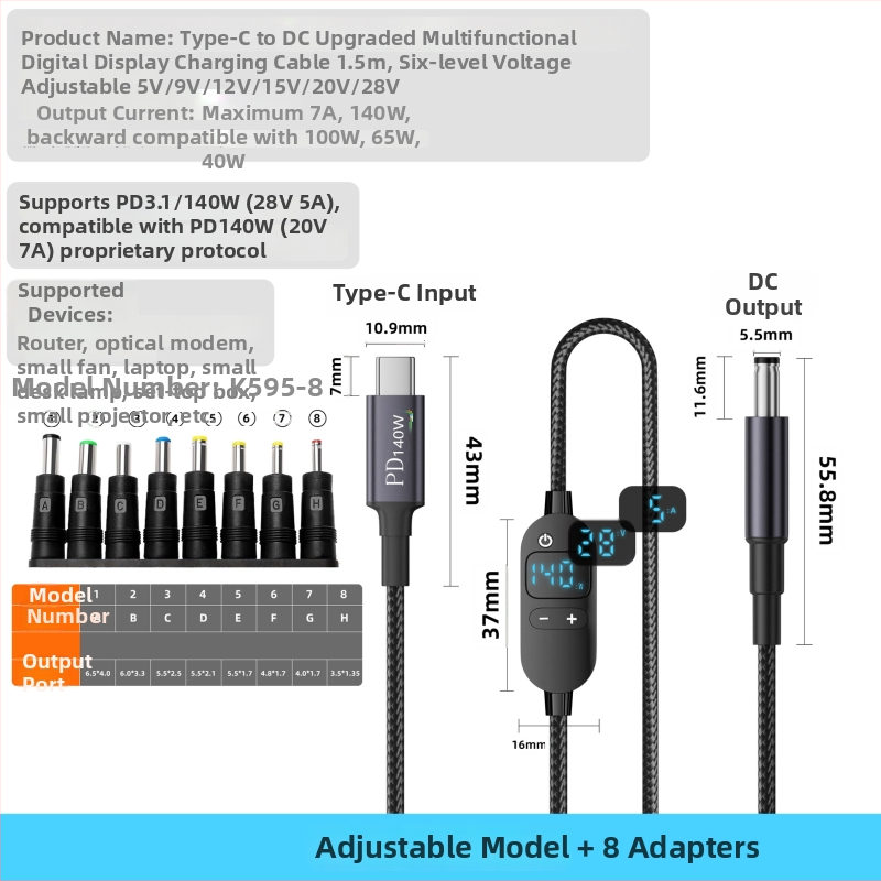 DC na Type-C kabel za prijenosno računalo s digitalnim zaslonom, prilagodljivo napajanje, 140W PD, pleteni kabel