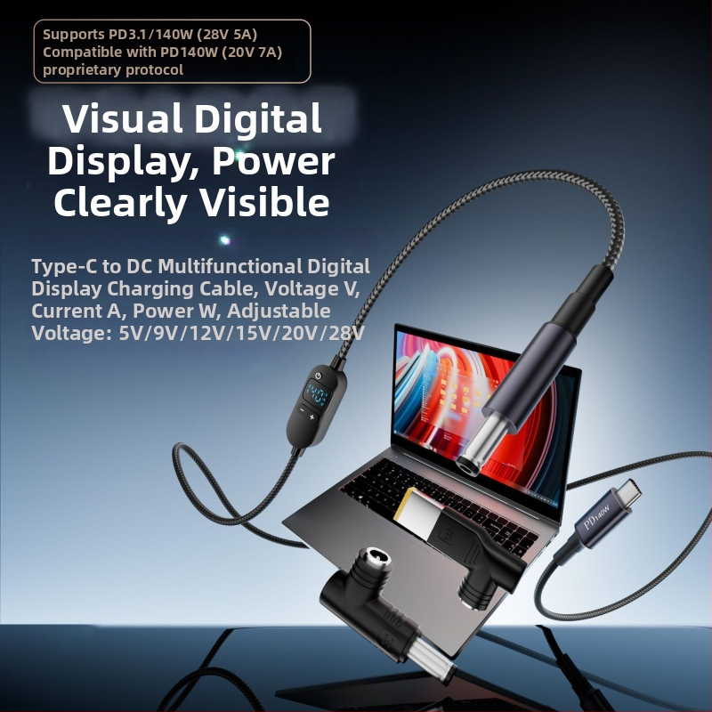DC na Type-C kabel za prijenosno računalo s digitalnim zaslonom, prilagodljivo napajanje, 140W PD, pleteni kabel