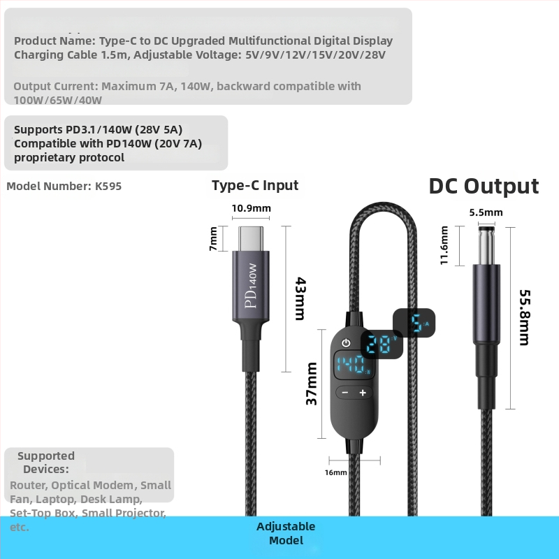 DC na Type-C kabel za prijenosno računalo s digitalnim zaslonom, prilagodljivo napajanje, 140W PD, pleteni kabel