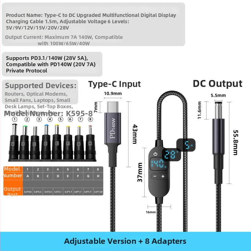 DC na Type-C kabel za prijenosno računalo s digitalnim zaslonom, prilagodljivo napajanje, 140W PD, pleteni kabel