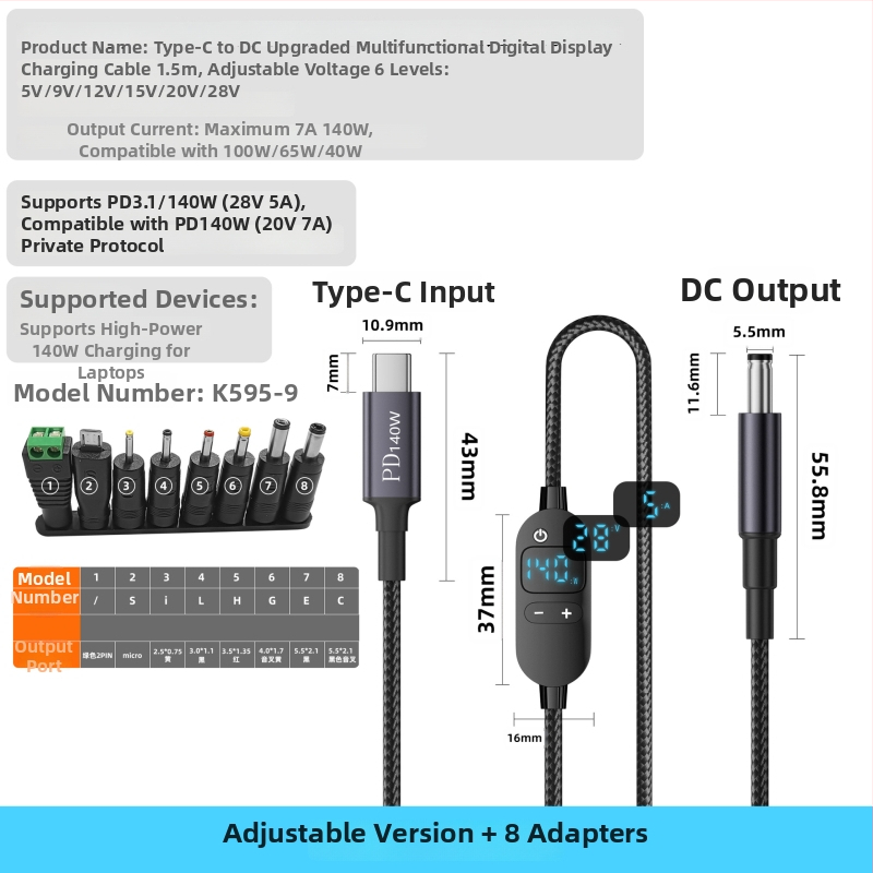 DC na Type-C kabel za prijenosno računalo s digitalnim zaslonom, prilagodljivo napajanje, 140W PD, pleteni kabel