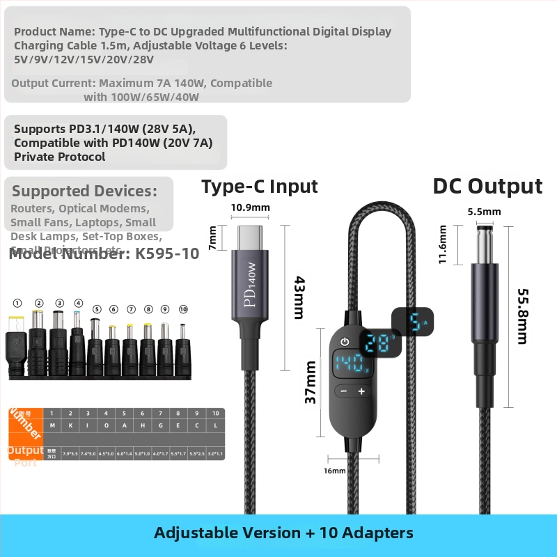 DC na Type-C kabel za prijenosno računalo s digitalnim zaslonom, prilagodljivo napajanje, 140W PD, pleteni kabel