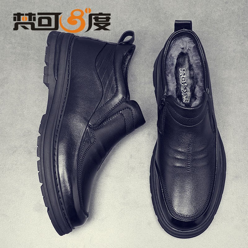 Ghete de zăpadă de iarnă cu talpă antiderapantă din cauciuc, căptușite cu fleece, izolație groasă, fermoar lateral, partea superioară din piele split