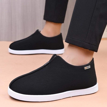 Papuci de casă pentru bărbați iarnă, căptușeală din lână de oaie, partea superioară din material nețesut, talpă din cauciuc – talpă plată