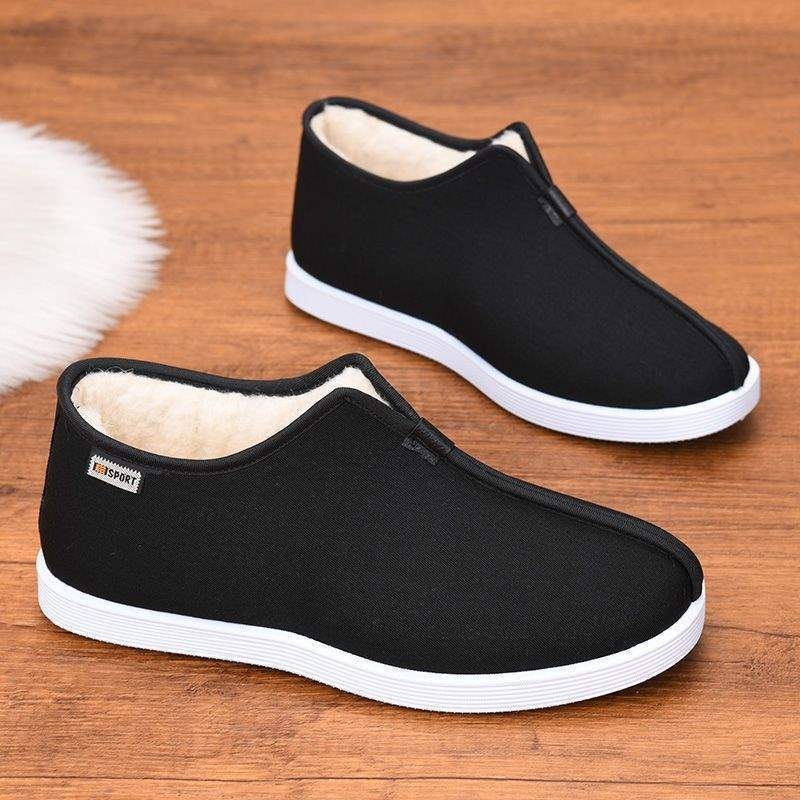 Papuci de casă pentru bărbați iarnă, căptușeală din lână de oaie, partea superioară din material nețesut, talpă din cauciuc – talpă plată