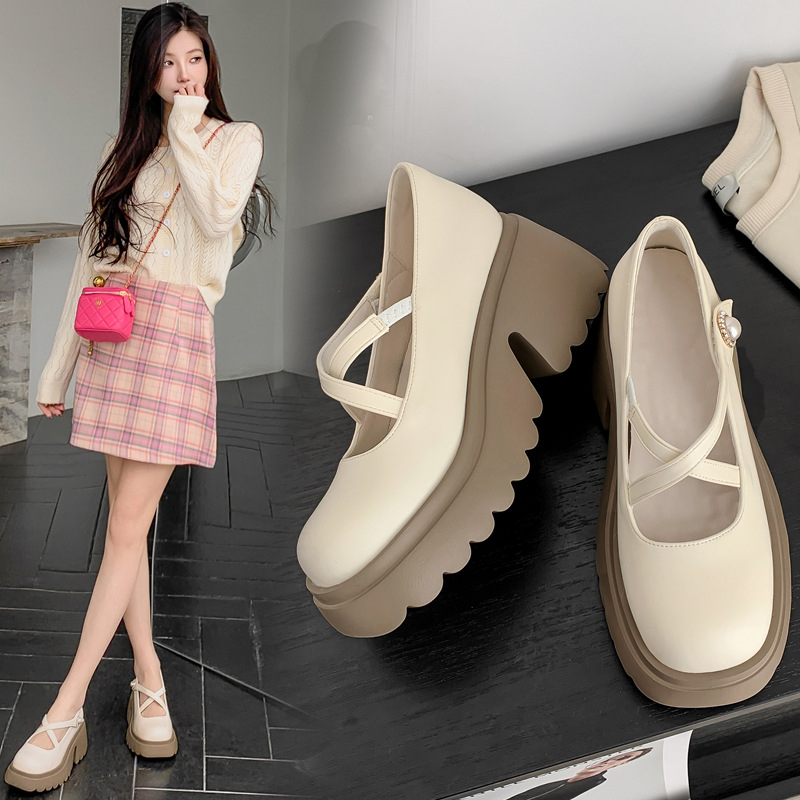 Pantofi Mary Jane cu platformă pentru femei, vârf rotund, partea superioară din piele de vită dublă, înălțare interioară de 10 cm, curea de gleznă cu cataramă