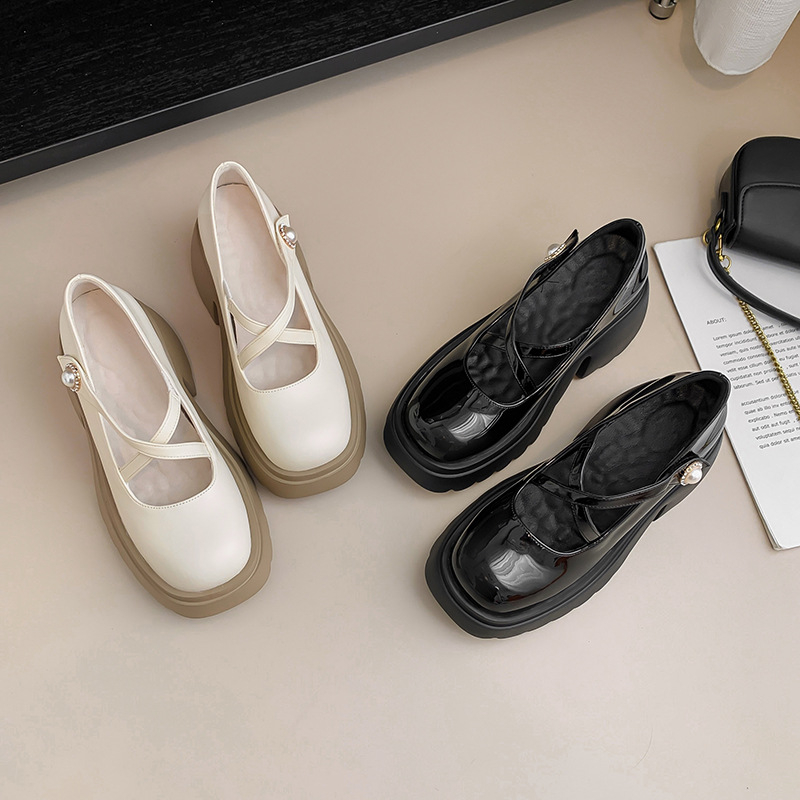 Pantofi Mary Jane cu platformă pentru femei, vârf rotund, partea superioară din piele de vită dublă, înălțare interioară de 10 cm, curea de gleznă cu cataramă