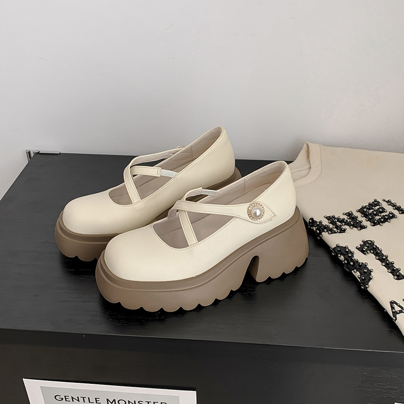 Pantofi Mary Jane cu platformă pentru femei, vârf rotund, partea superioară din piele de vită dublă, înălțare interioară de 10 cm, curea de gleznă cu cataramă