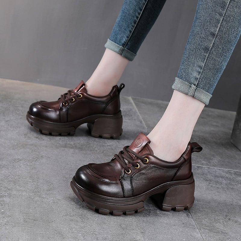 Pantofi damă cu platformă din piele, vârf rotund, toc 3–5 cm, închidere cu șireturi, talpă EVA