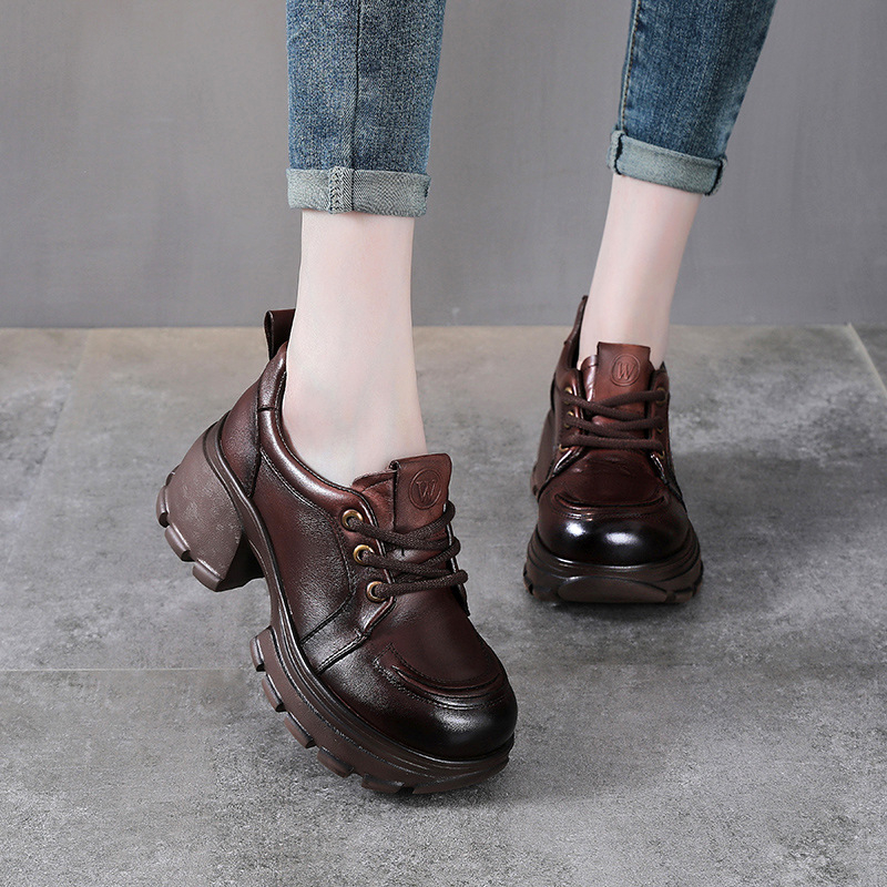 Pantofi damă cu platformă din piele, vârf rotund, toc 3–5 cm, închidere cu șireturi, talpă EVA