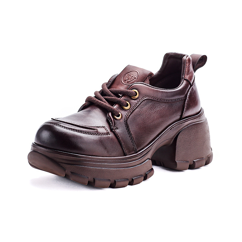 Pantofi damă cu platformă din piele, vârf rotund, toc 3–5 cm, închidere cu șireturi, talpă EVA