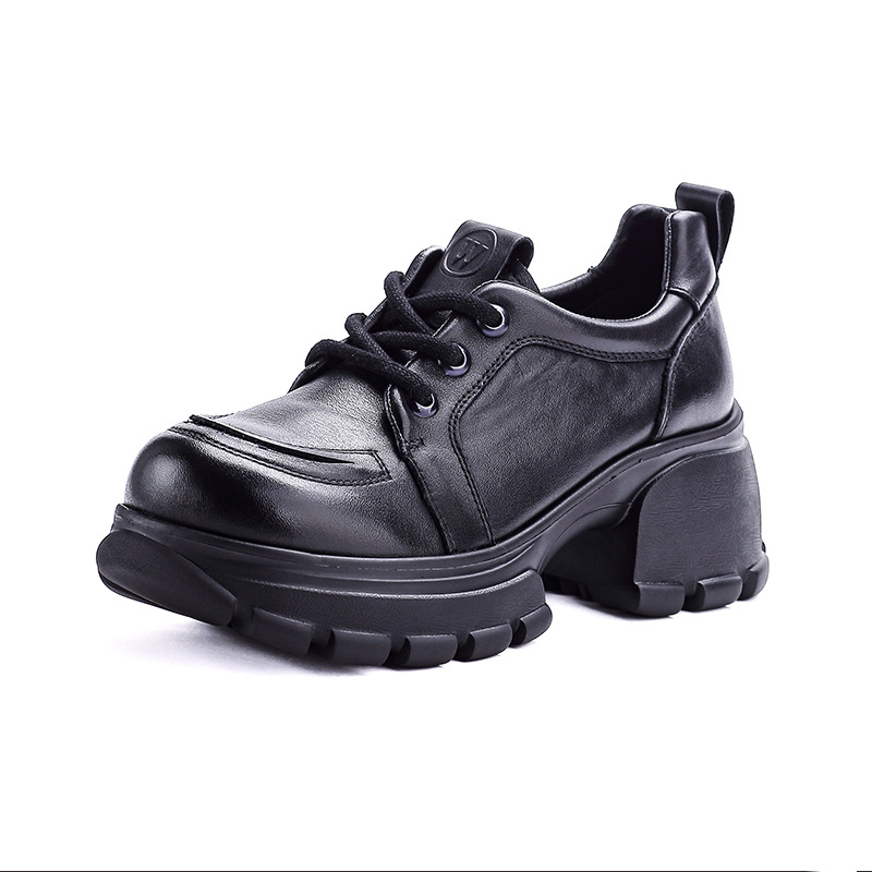 Pantofi damă cu platformă din piele, vârf rotund, toc 3–5 cm, închidere cu șireturi, talpă EVA