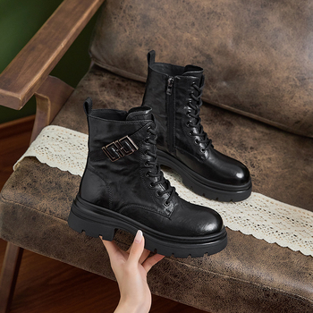 Cizme de damă din piele de vită de primă calitate, vârf rotund, talpă cu platformă, toc 3–5 cm, fermoar lateral — Toamnă-Iarnă 2025