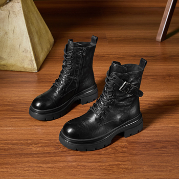 Cizme de damă din piele de vită de primă calitate, vârf rotund, talpă cu platformă, toc 3–5 cm, fermoar lateral — Toamnă-Iarnă 2025