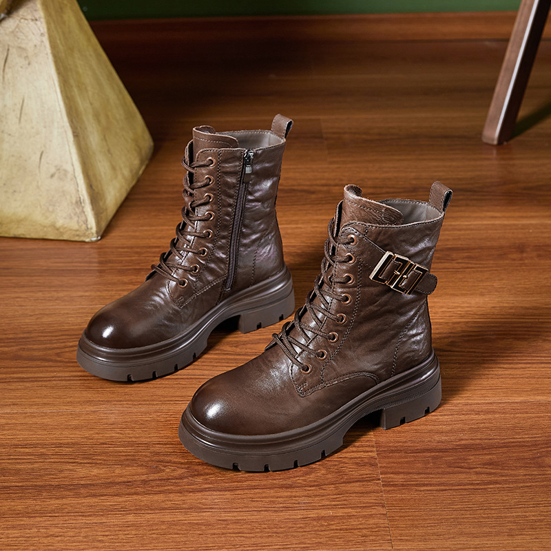 Cizme de damă din piele de vită de primă calitate, vârf rotund, talpă cu platformă, toc 3–5 cm, fermoar lateral — Toamnă-Iarnă 2025