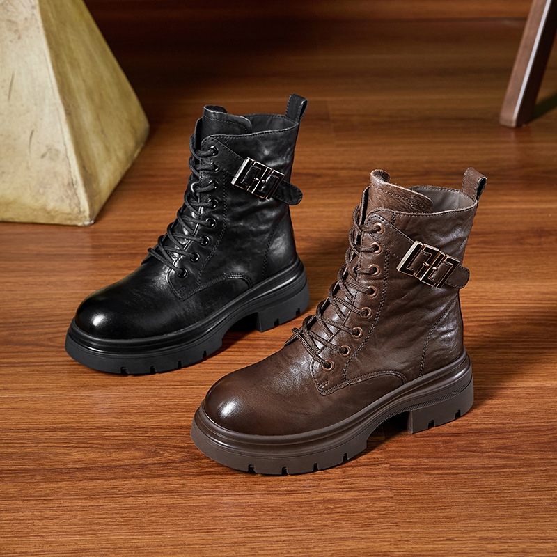 Cizme de damă din piele de vită de primă calitate, vârf rotund, talpă cu platformă, toc 3–5 cm, fermoar lateral — Toamnă-Iarnă 2025