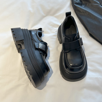 Pantofi loafer cu talpă groasă, creștere înălțime, stil britanic, partea superioară din PU, vârf rotund, toc mediu 3-5 cm