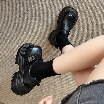 Pantofi loafer cu talpă groasă, creștere înălțime, stil britanic, partea superioară din PU, vârf rotund, toc mediu 3-5 cm