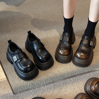 Pantofi loafer cu talpă groasă, creștere înălțime, stil britanic, partea superioară din PU, vârf rotund, toc mediu 3-5 cm