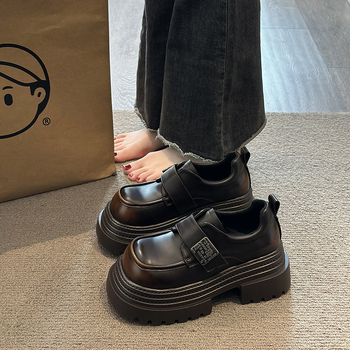 Pantofi loafer cu talpă groasă, creștere înălțime, stil britanic, partea superioară din PU, vârf rotund, toc mediu 3-5 cm