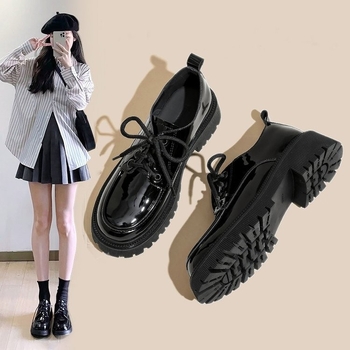 Loaferi din piele pentru femei, toc gros, vârf rotund, piele de vițea dublă, branț EVA, talpă din cauciuc