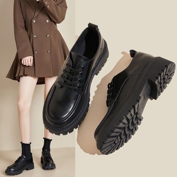 Loaferi din piele pentru femei, toc gros, vârf rotund, piele de vițea dublă, branț EVA, talpă din cauciuc