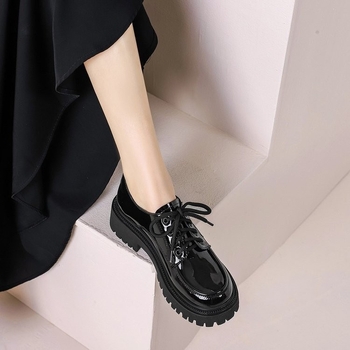 Loaferi din piele pentru femei, toc gros, vârf rotund, piele de vițea dublă, branț EVA, talpă din cauciuc