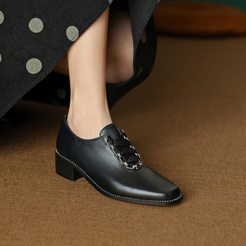Ženske kožne loaferice s vezicama, srednja peta 3–5 cm, engleski stil za ured