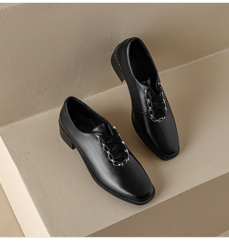 Ženske kožne loaferice s vezicama, srednja peta 3–5 cm, engleski stil za ured
