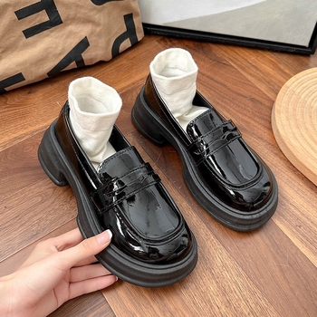 Pantofi damă Mary Jane din piele cu talpă groasă, PU partea superioară, vârf rotund, șiret în față, talpă din cauciuc