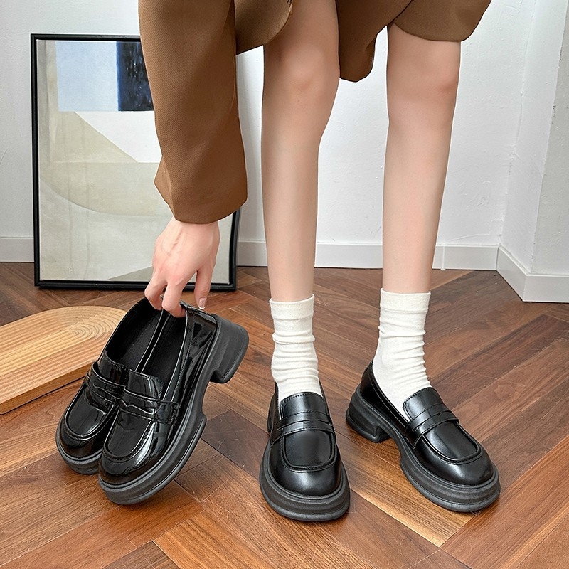 Pantofi damă Mary Jane din piele cu talpă groasă, PU partea superioară, vârf rotund, șiret în față, talpă din cauciuc