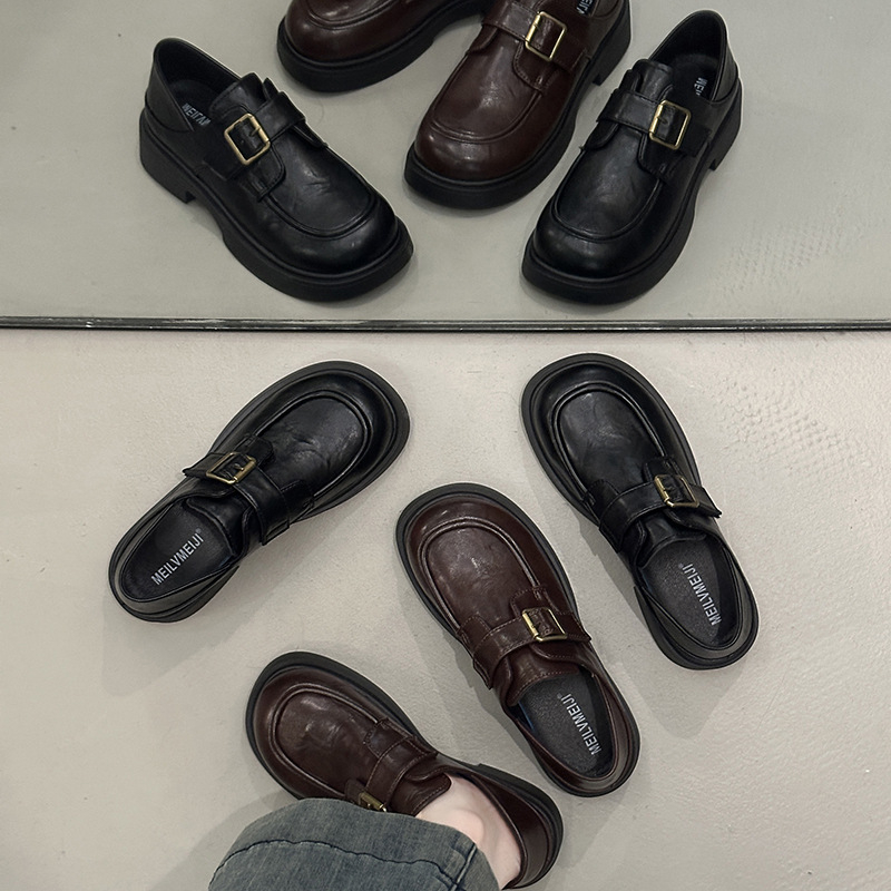 Ženske PU kožne loaferice, japanski stil, srednja visina pete 3–5 cm, gumeni potplat