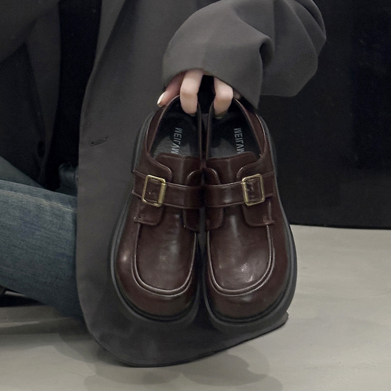 Ženske PU kožne loaferice, japanski stil, srednja visina pete 3–5 cm, gumeni potplat