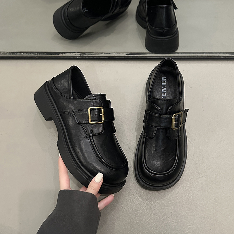 Ženske PU kožne loaferice, japanski stil, srednja visina pete 3–5 cm, gumeni potplat