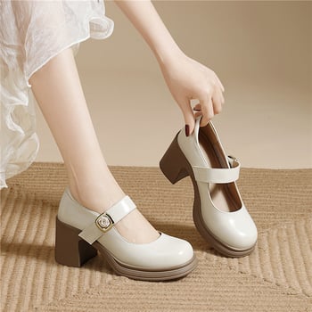 Mary Jane loafers s okruglim nosom, gornji dio od mikrovlakana, Velcro zatvaranje, visok pet 6–8 cm