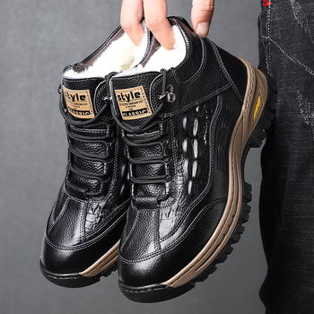 Pantofi de iarnă pentru bărbați din piele naturală, partea superioară din piele de vițel, căptușeală din lână, model crocodil, talpă din cauciuc