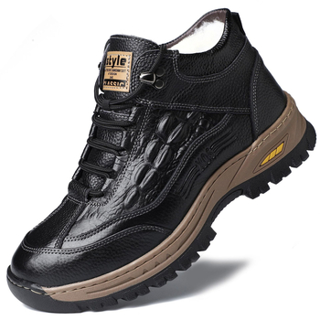 Pantofi de iarnă pentru bărbați din piele naturală, partea superioară din piele de vițel, căptușeală din lână, model crocodil, talpă din cauciuc